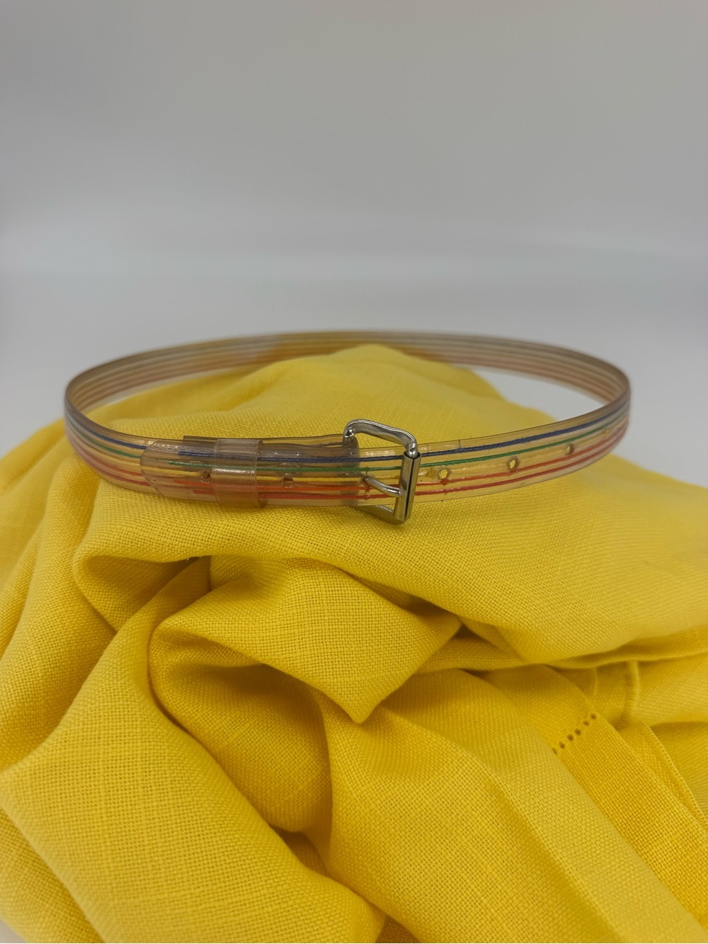 Vintage 80s Clear Acrylic Rainbow Striped Belt Silver Buckle OS